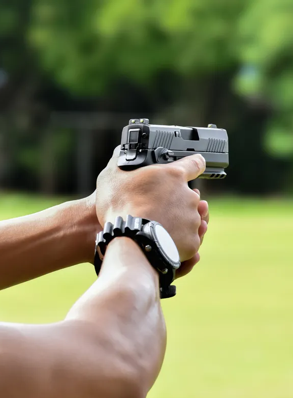 Close-up of a person’s hands gripping a black semi-automatic pistol, aiming outdoors, with a black wristwatch visible on the other wrist.