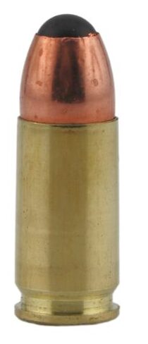 Single copper-jacketed bullet in a brass cartridge case.