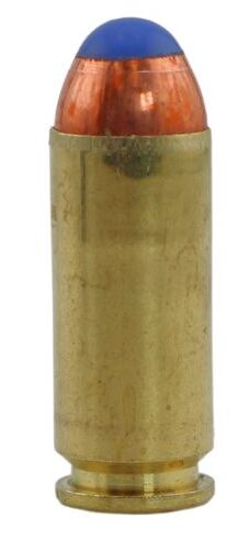 Brass pistol cartridge with a copper jacket and a blue tip, shown in close-up.