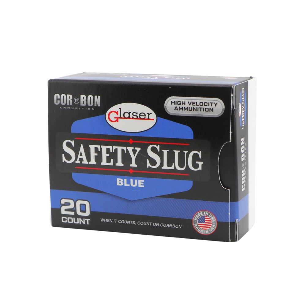Box of Glaser Safety Slug Blue ammunition, 20 rounds (front label visible).