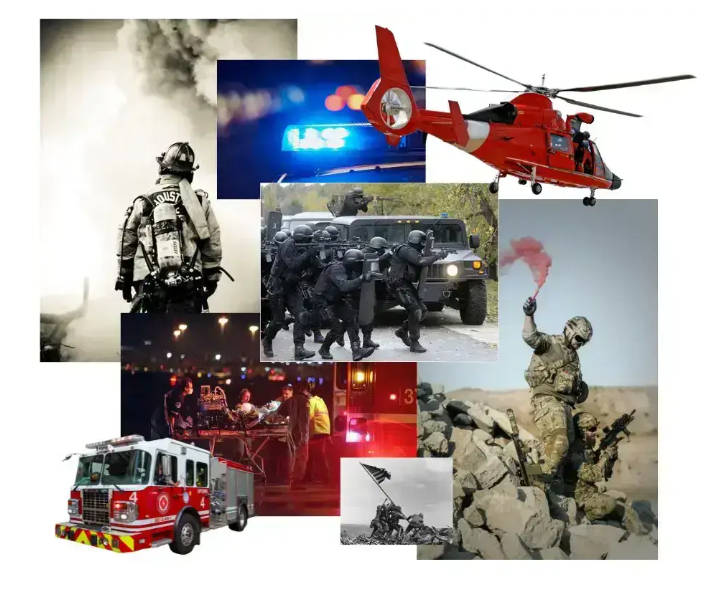 Collage of emergency responders and vehicles: firefighter, police, soldiers, fire truck, and rescue helicopter.