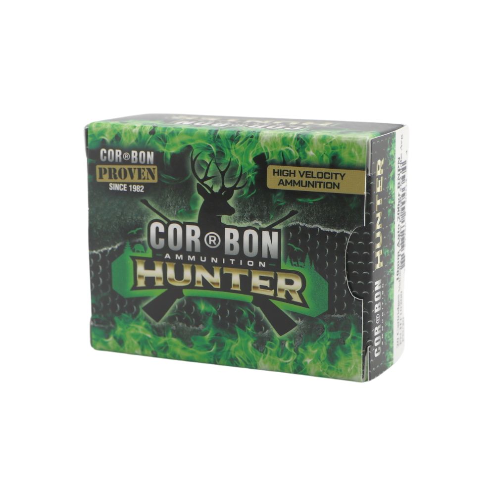 Cor-Bon Hunter ammunition box with green flame design and a deer silhouette on the front.