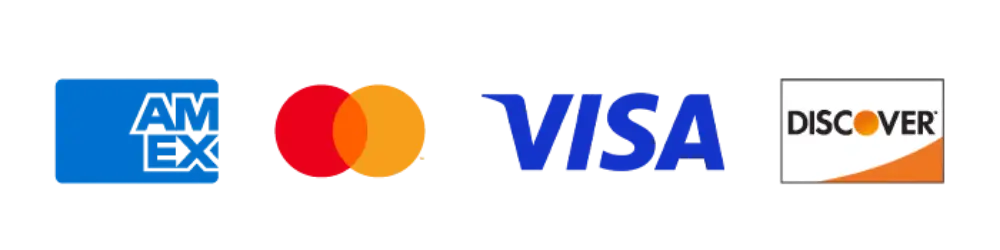 Logos of major credit cards accepted: American Express, Mastercard, Visa, and Discover.