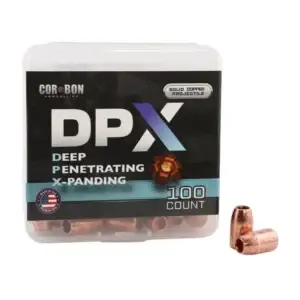 Box of CorBon DPX deep-penetrating copper bullets, 100 count, with two copper bullets lying next to the box.