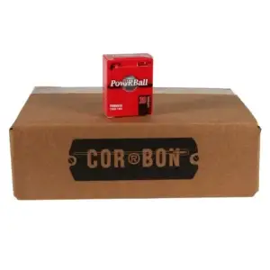 Large brown CORBON box with a small red Pow'R Ball ammunition box resting on top.