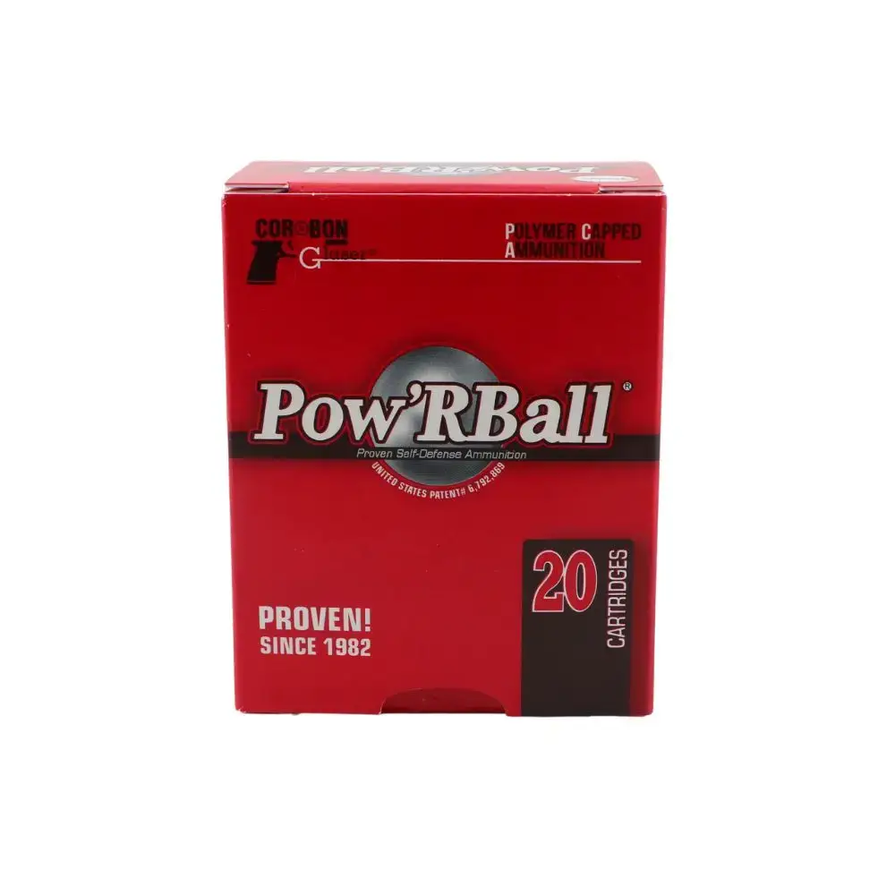 Pow'RBall polymer-capped ammunition box, red with 20 cartridges labeled Pow'RBall and 1982—Proven product since 1982.