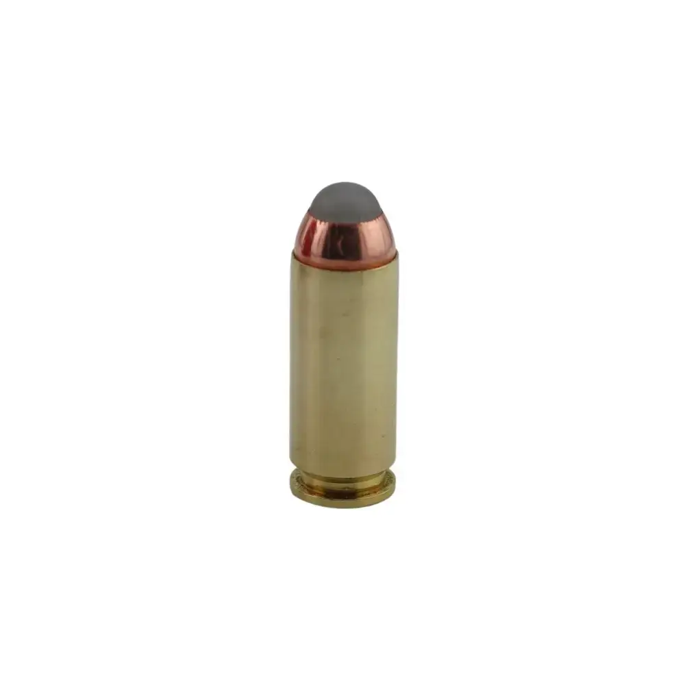 A single brass cartridge with a copper-jacketed round bullet standing upright on a white background, showing the case and bullet tip