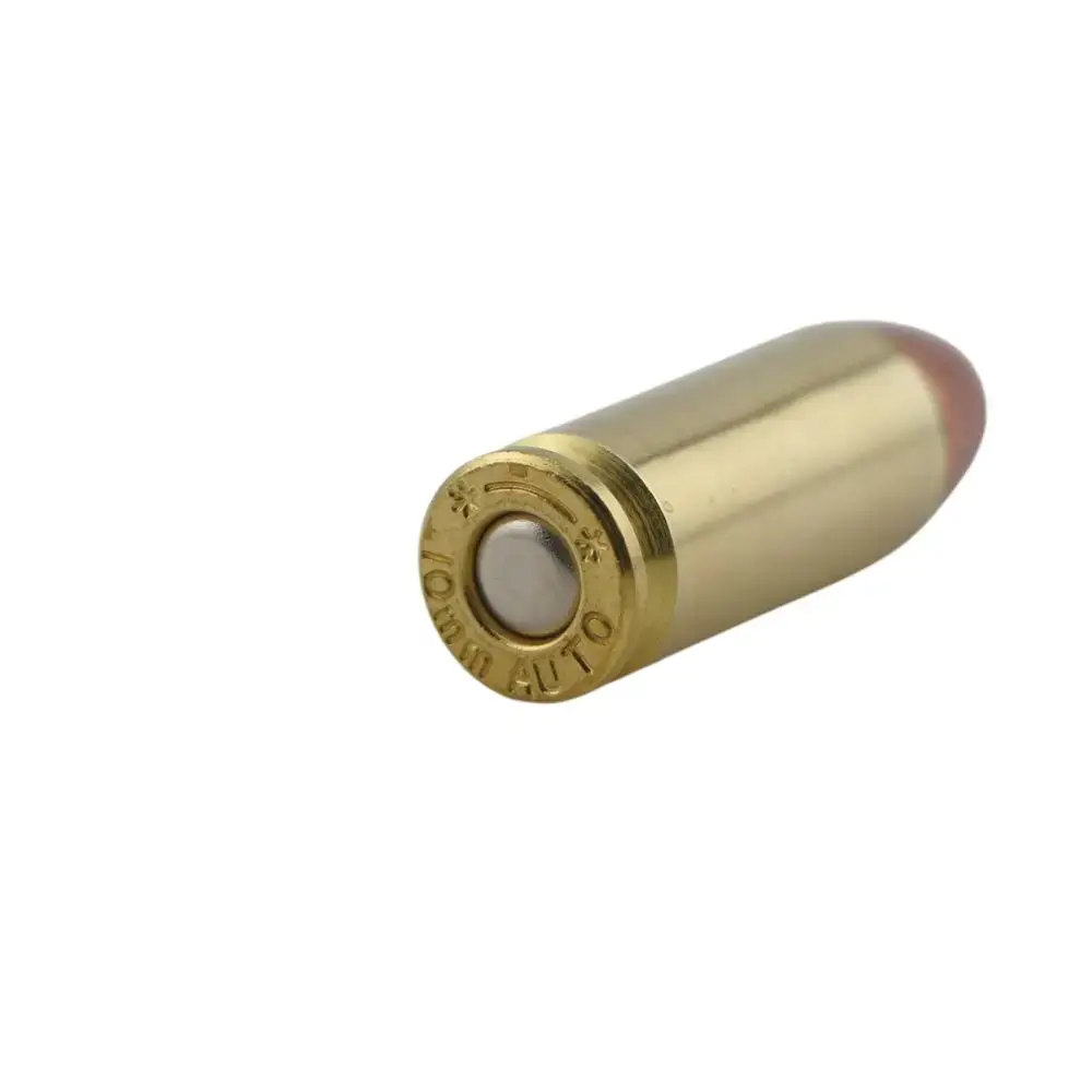 Single brass handgun cartridge with copper bullet, shown from the side base facing viewer