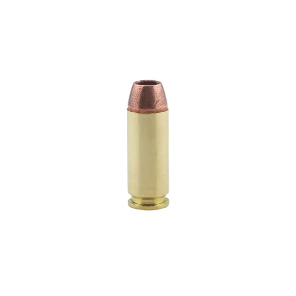 Brass cartridge with copper bullet standing upright, isolated on white background.