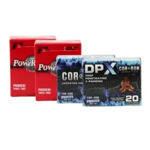 Three boxes of CORBON Pow’R' brand ammunition, red packaging in back and blue DPX box in front (20 cartridges).