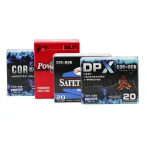 Row of CORBON ammunition boxes (DPX, Safet, Power Pro) showing blue, red, and black packaging.