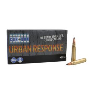 Box of Corbon Urban Response ammunition with two bullets beside it; packaging reads 'Urban Response' and 'Be ready when evil comes calling'.