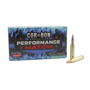 Box of CorBon Performance Match ammunition with two brass rifle bullets beside it on a white background.