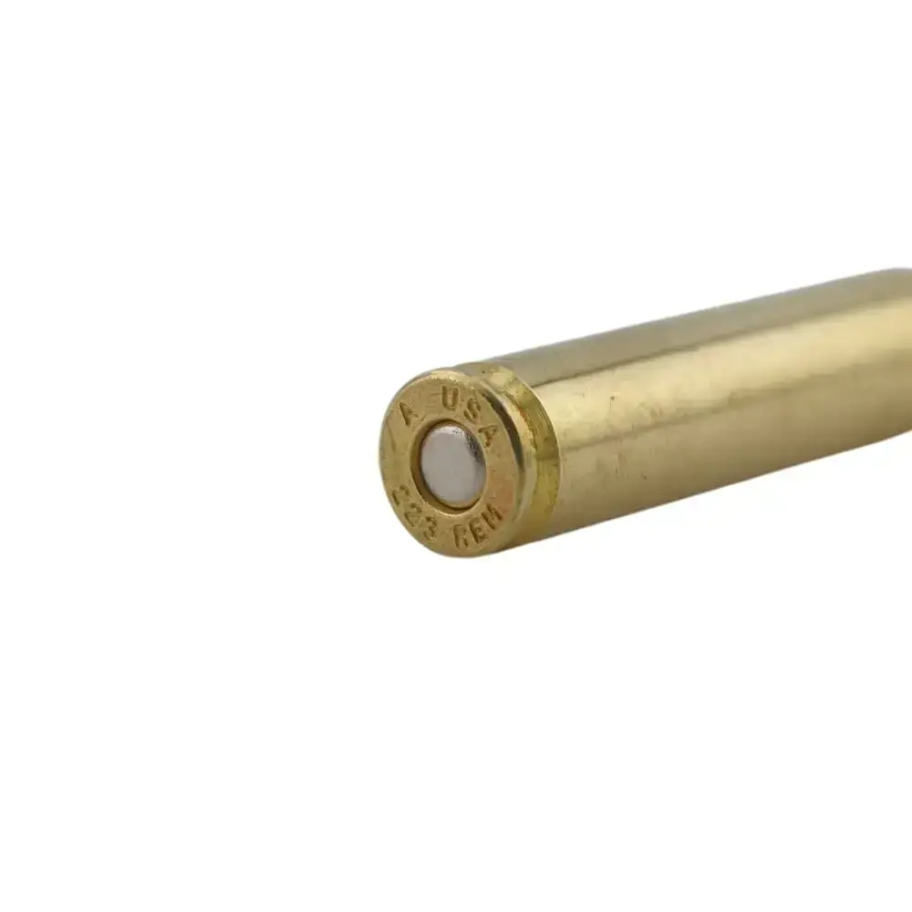 Brass cartridge case with primer at the base, shown at an angle on a white background