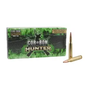 Box of Corbon Hunter high-velocity hunting ammunition with two brass rifle cartridges beside it nearby.