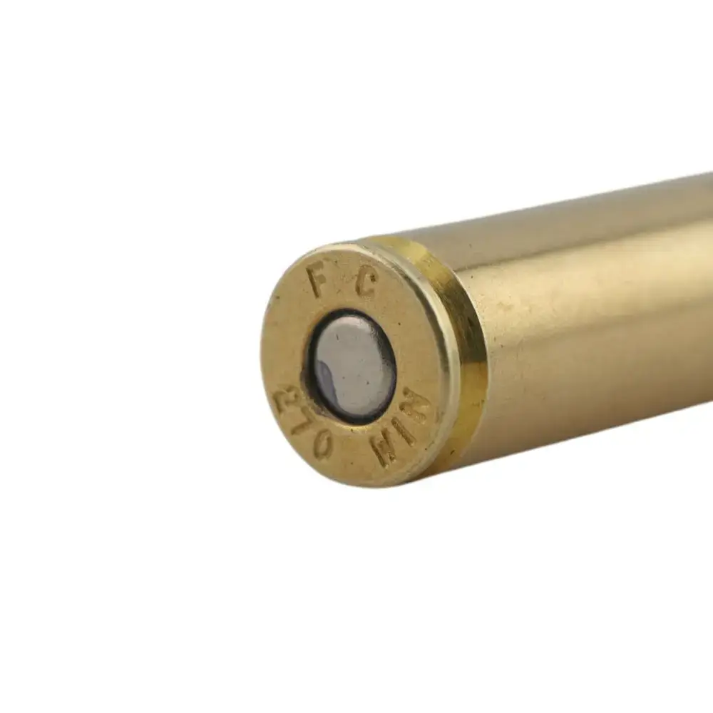 Close-up of brass ammunition cartridge case base with primer and headstamp markings