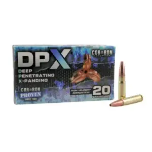 Box of DPX deep-penetrating expanding ammunition with 20 cartridges; two bullets shown beside the box
