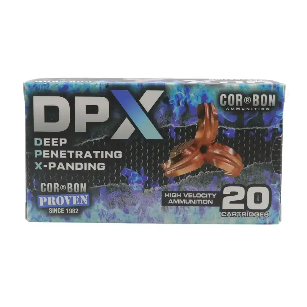 Box of DPX Deep Penetrating X-Panding ammunition, 20 cartridges, blue-black design with copper bullets image on front.