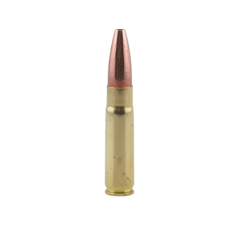 A single copper-jacketed bullet in a brass cartridge case (ammunition).