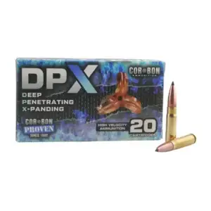 Box of Cor-Bon DPX ammunition with two rifle cartridges beside it
