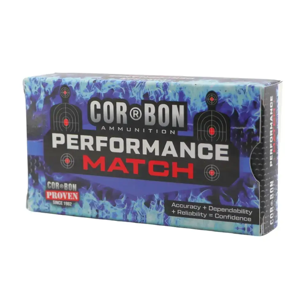 Cor-Bon Performance Match ammunition box with blue flame design and target graphics; text reads 'COR-BON AMMUNITION PERFORMANCE MATCH' on the front.