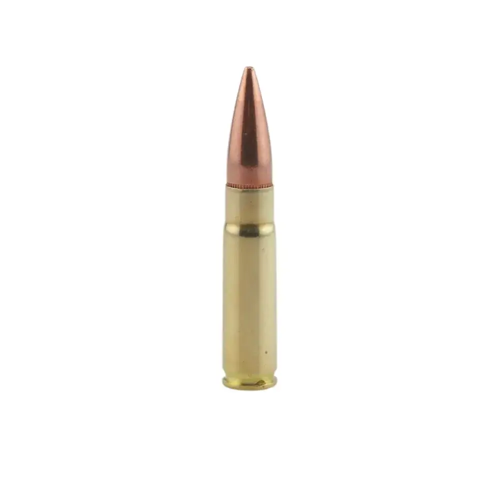 Copper-tipped rifle bullet with brass casing standing upright on a white background from the side. It’s a single cartridge.
