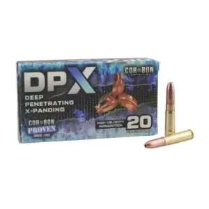 Box of DPX Deep Penetrating X-Panding ammunition with two copper bullets beside it, label reads DPX and COR-BON.