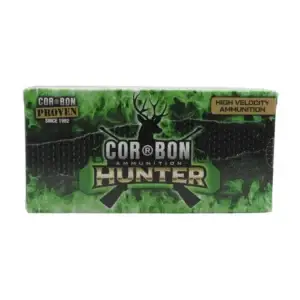 Green and black Cor-Bon Hunter ammunition box with a deer silhouette and bold 'COR-BON HUNTER' text, labeled 'High Velocity Ammunition'.