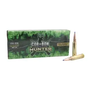 Box of Cor-Bon Hunter high-velocity ammunition with two rifle bullets beside it