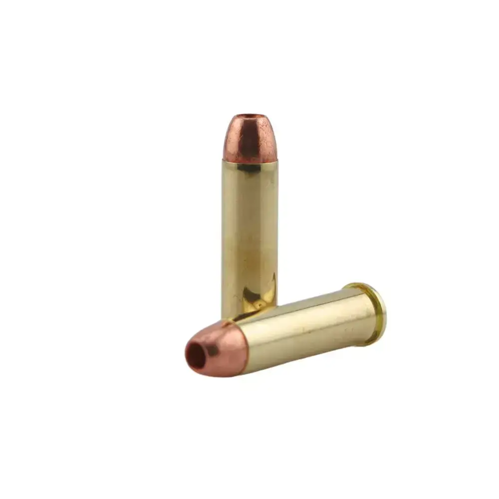 Two brass rifle cartridges with copper tips on a white background, arranged in a staggered pose.