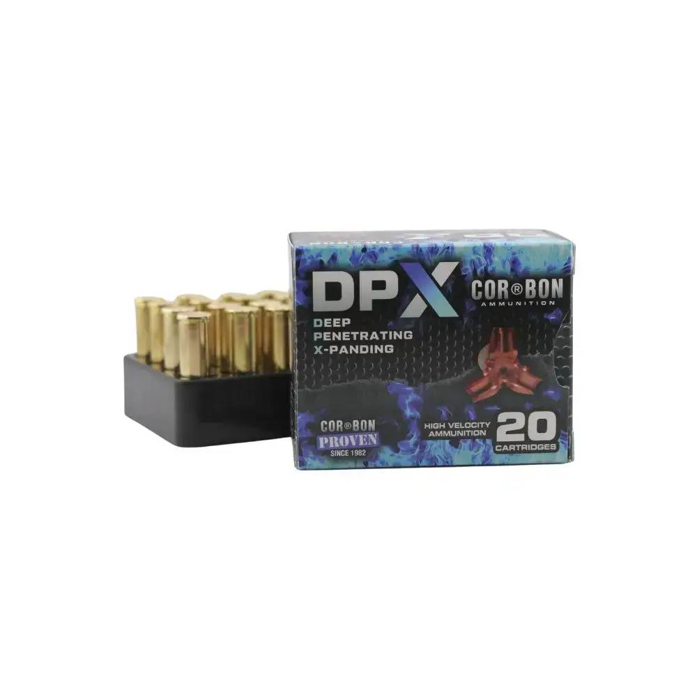 Box of Cor-Bon DPX deep-penetrating ammo, 20 cartridges, with a tray of gold casings visible on the left.