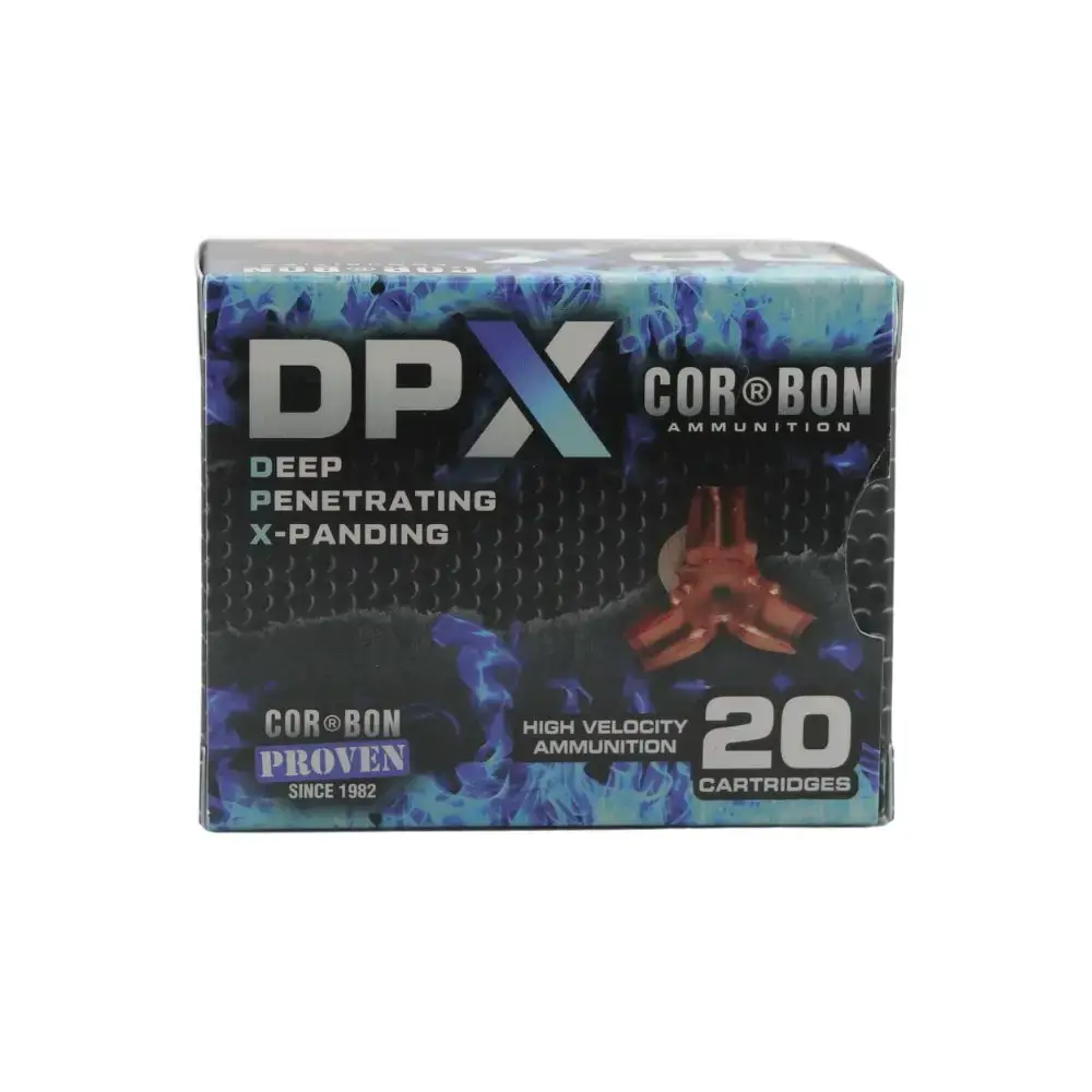 Box of DPX deep penetrating X-panding ammunition by Corbon, 20 cartridges, blue and black design on packaging
