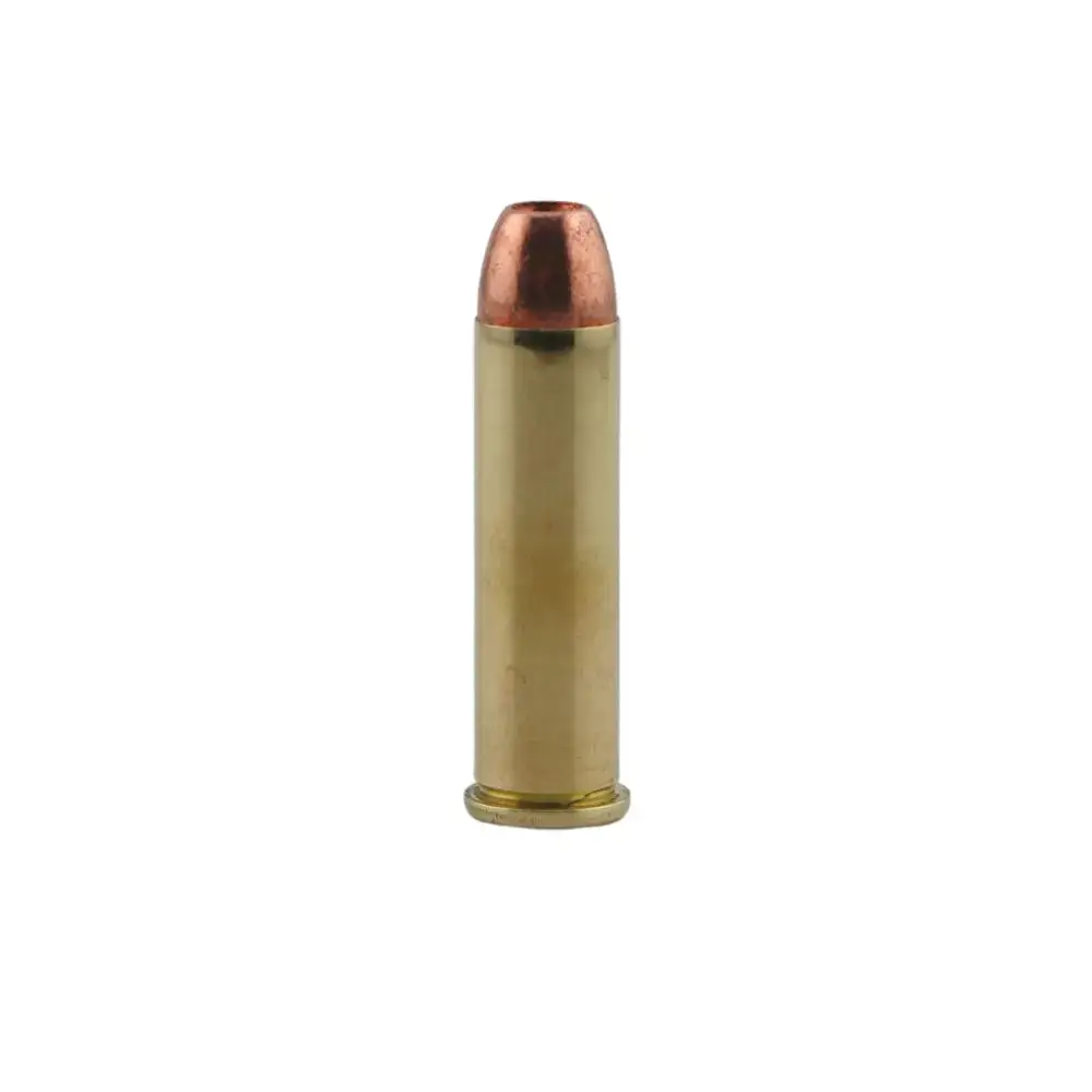 A single brass cartridge standing upright with a copper-jacketed bullet against a white background 0