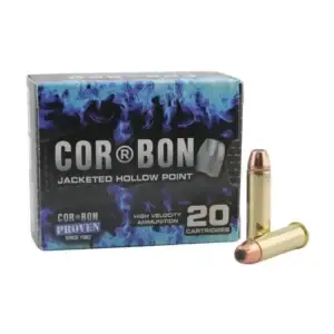 Box of Cor-Bon jacketed hollow point ammunition, 20 cartridges, with two rounds beside it.