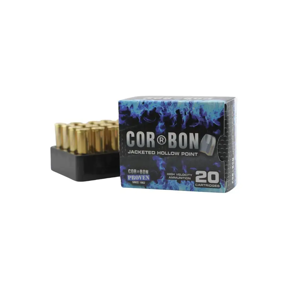 Boxed CorBon jacketed hollow point ammunition with 20 cartridges, blue flame artwork on the packaging and a black tray holding the bullets to the left