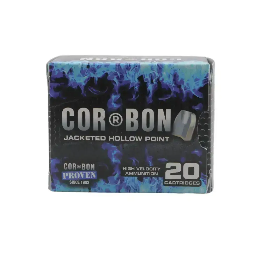 Box of COR-BON jacketed hollow point ammunition, 20 cartridges (20-round box) with blue and black design.