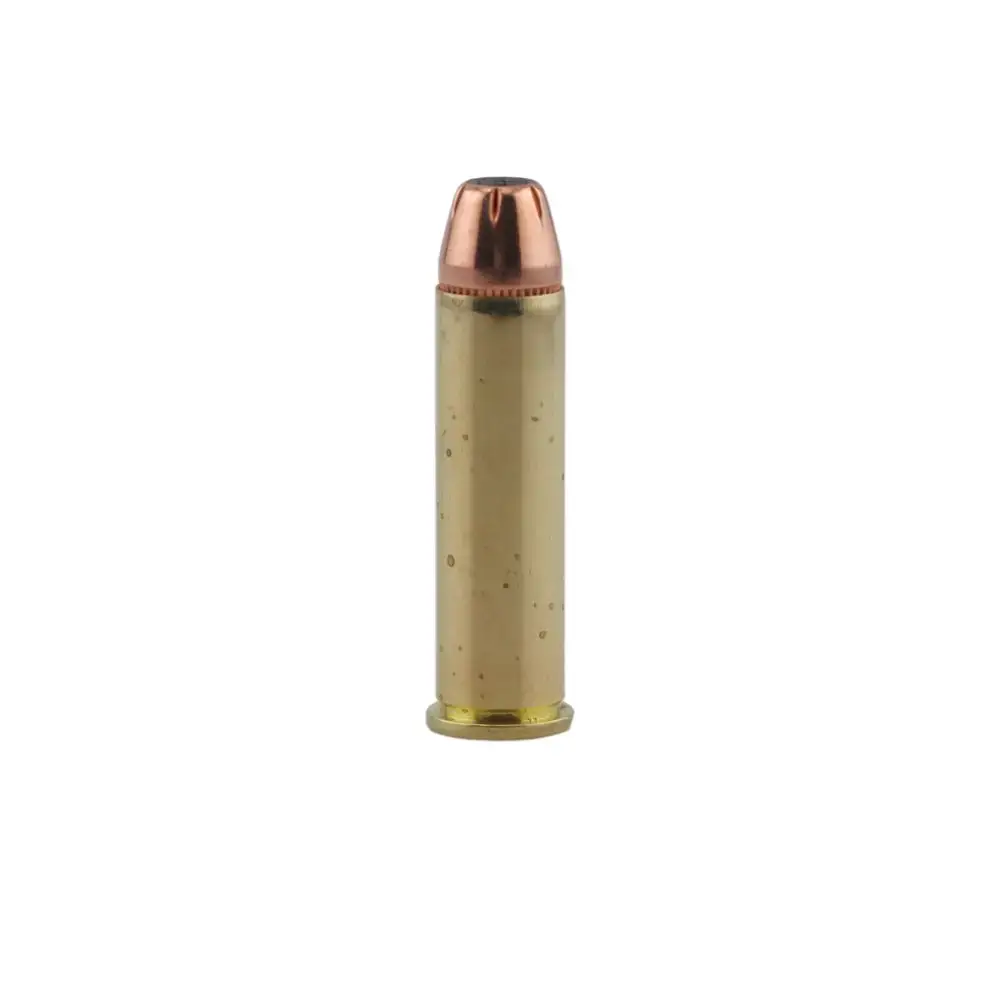 Single brass rifle cartridge with a copper bullet standing upright against a white background.