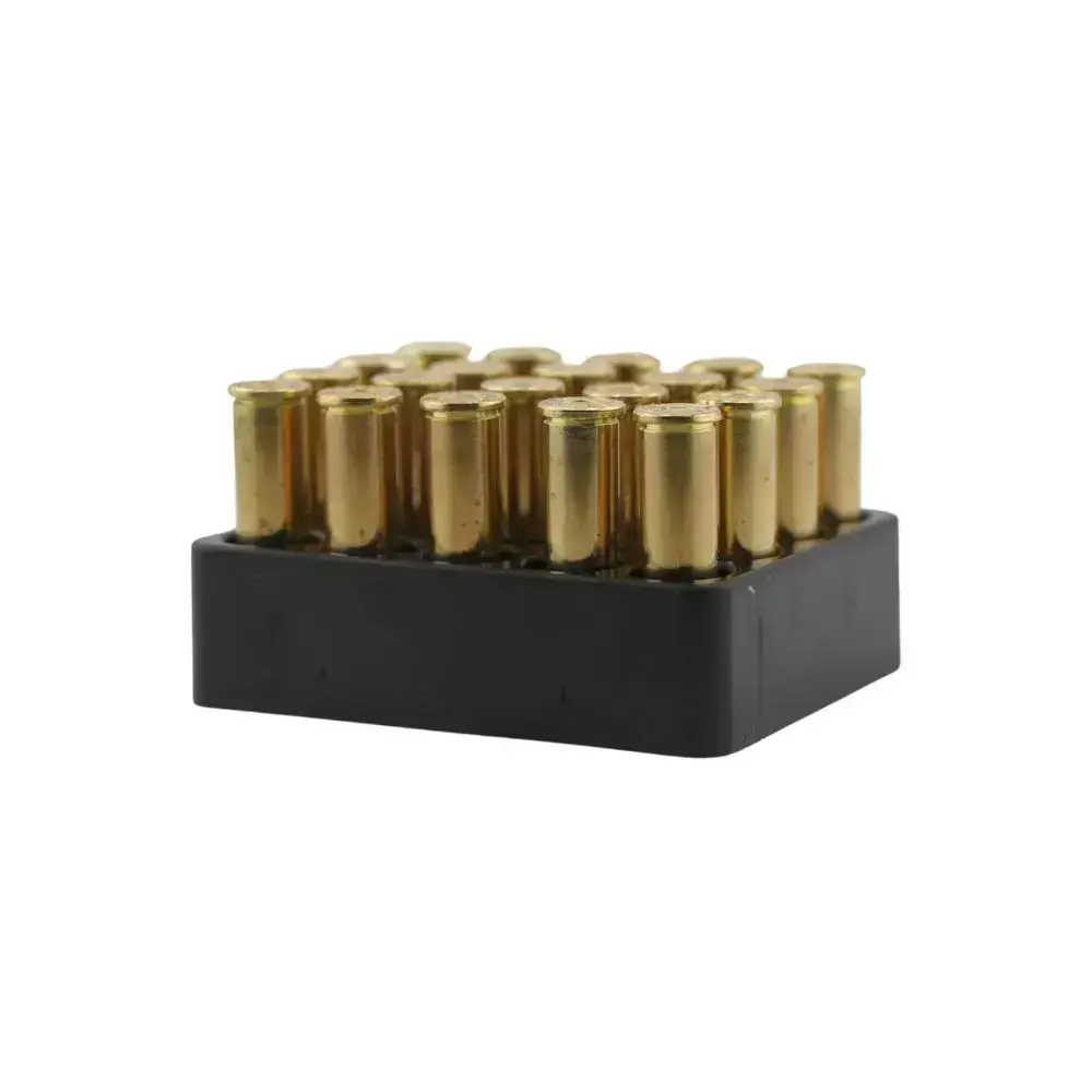 A rectangular black ammunition magazine filled with brass cartridge rounds standing upright in rows