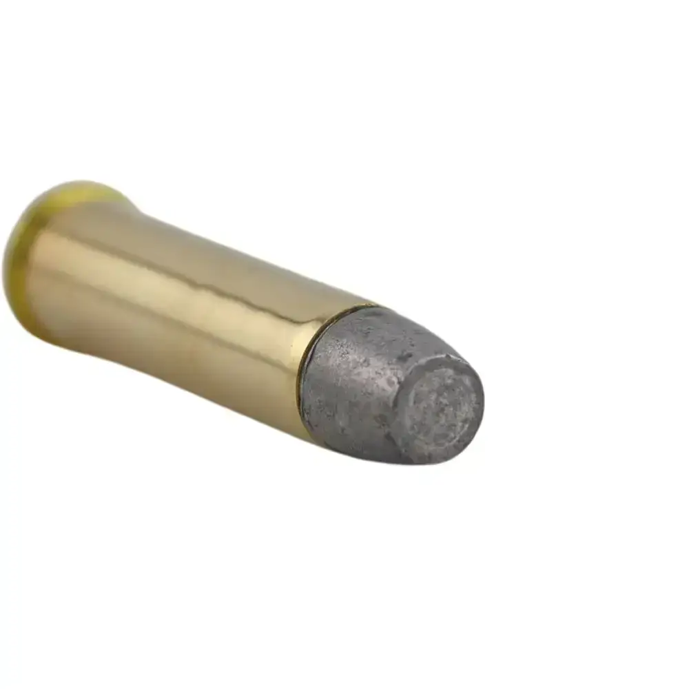Brass cylindrical tool with a gray rubber cap at one end on a white background.