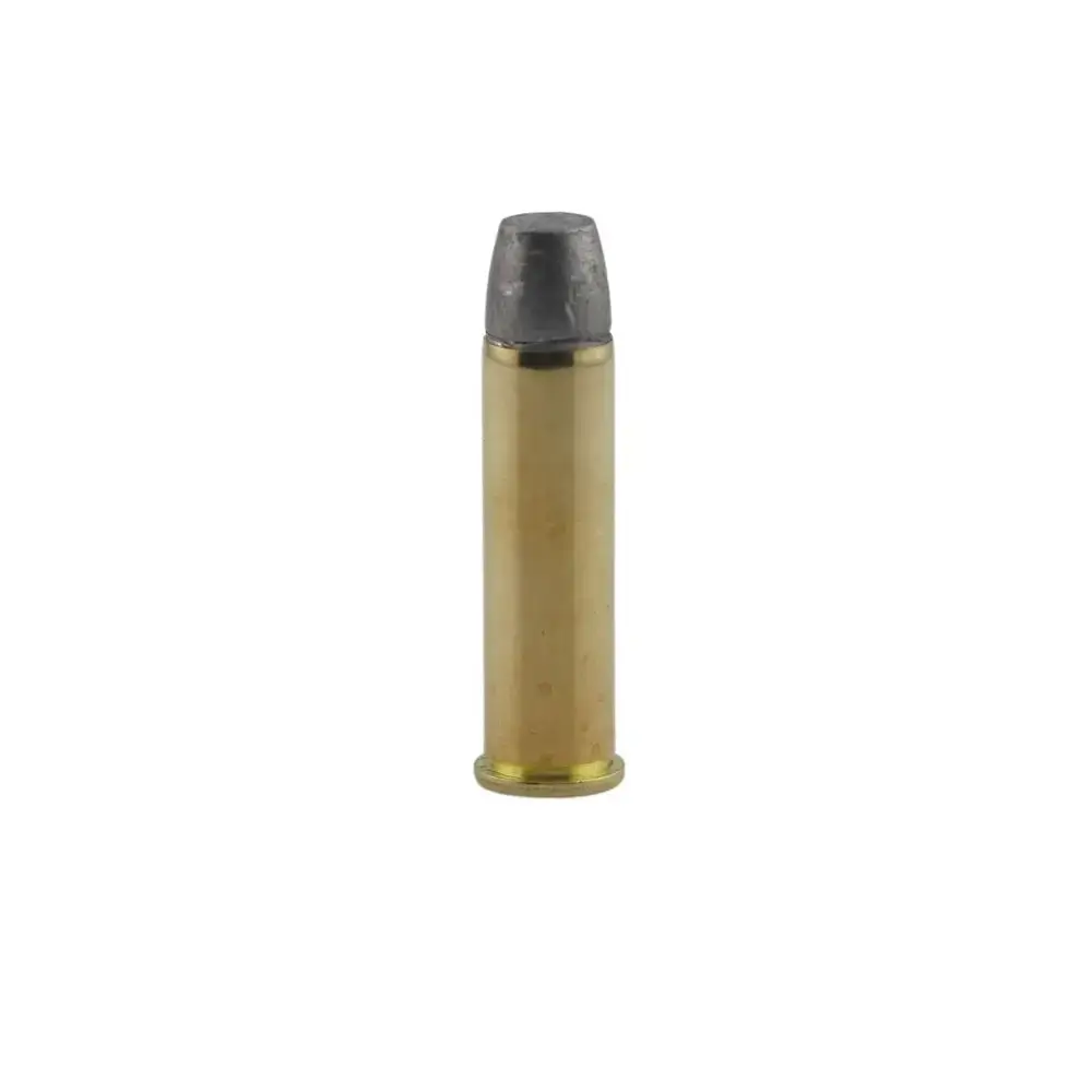 Single brass rifle cartridge with a gray lead bullet, standing upright on a white background.
