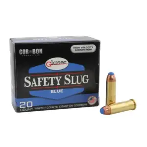 Box of Glaser Safety Slug Blue ammunition (20 rounds) with two blue-tipped bullets beside it.