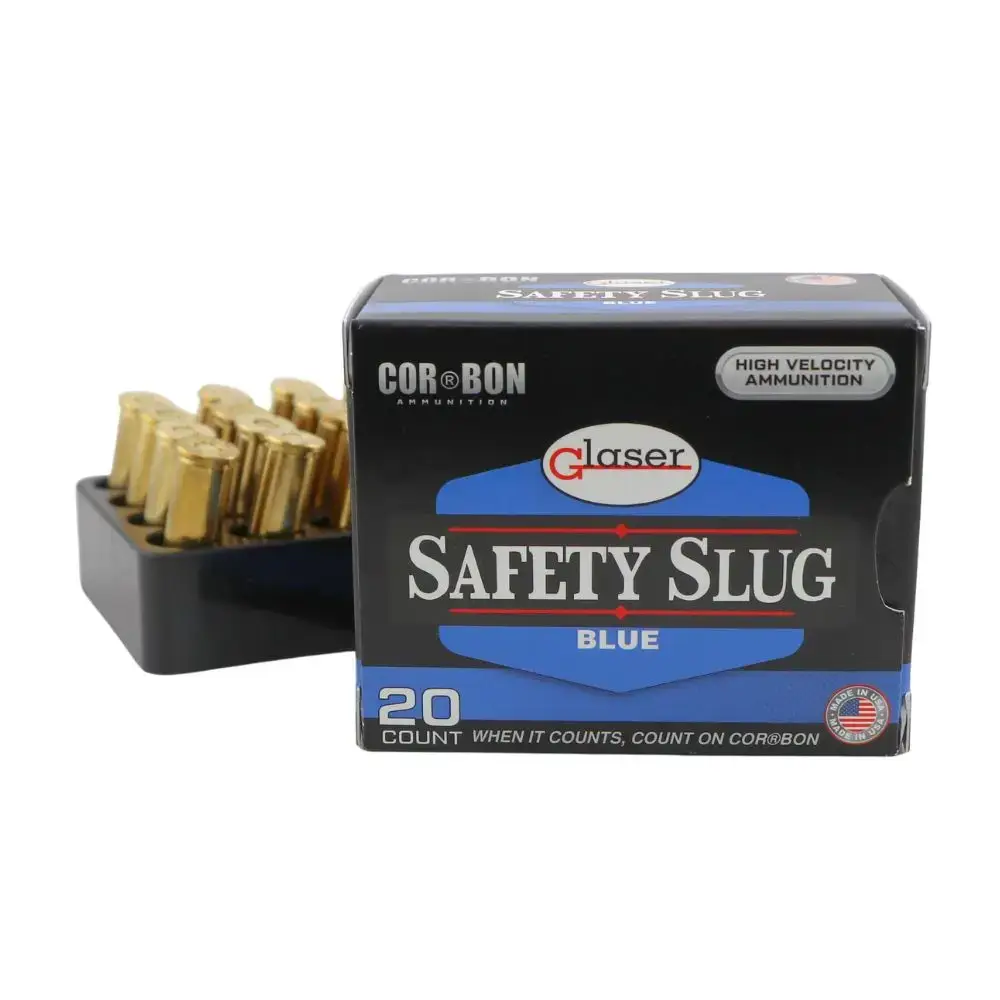Box of Glaser Safety Slug Blue ammunition, 20 rounds, with brass cartridges visible beside the box.