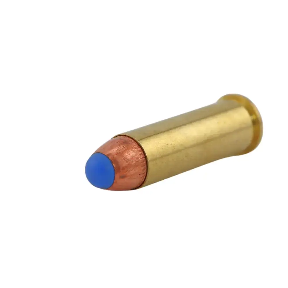 Brass rifle cartridge with copper jacket and blue polymer tip against a white background