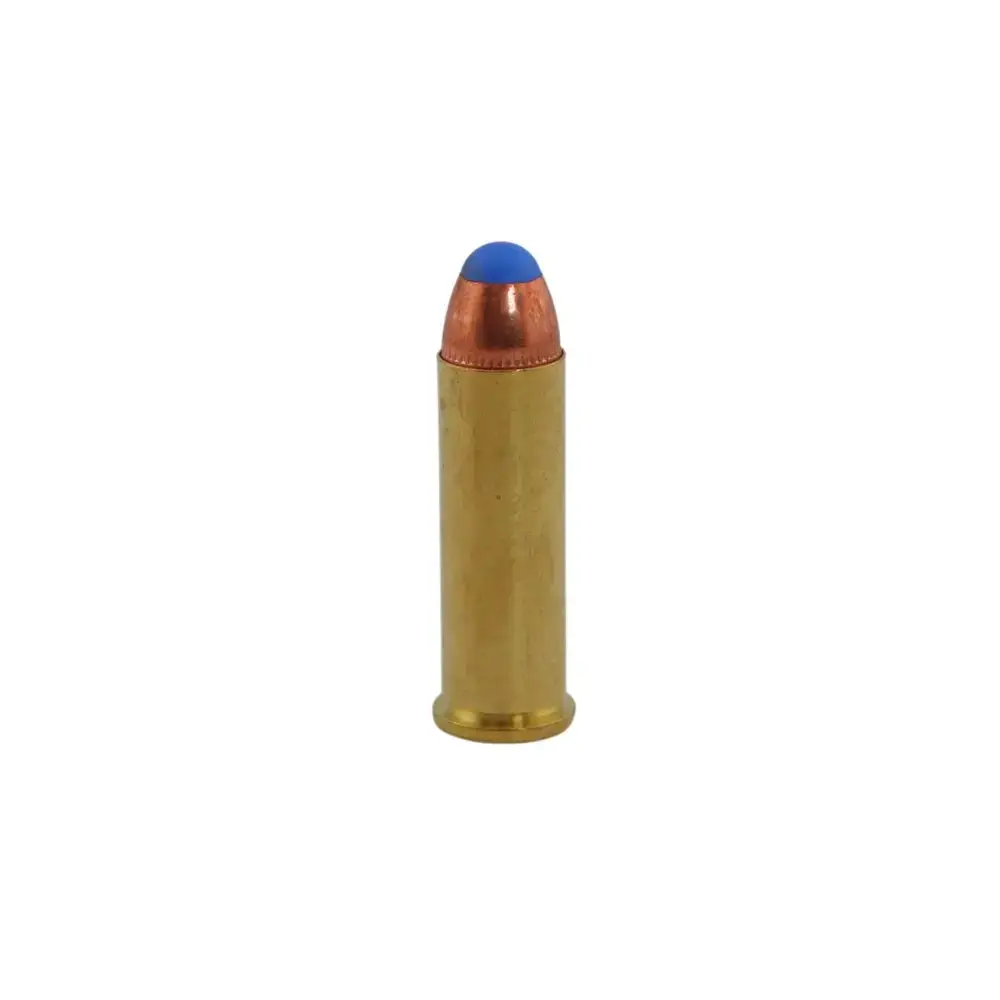 Brass rifle cartridge with a copper bullet and blue tip standing upright