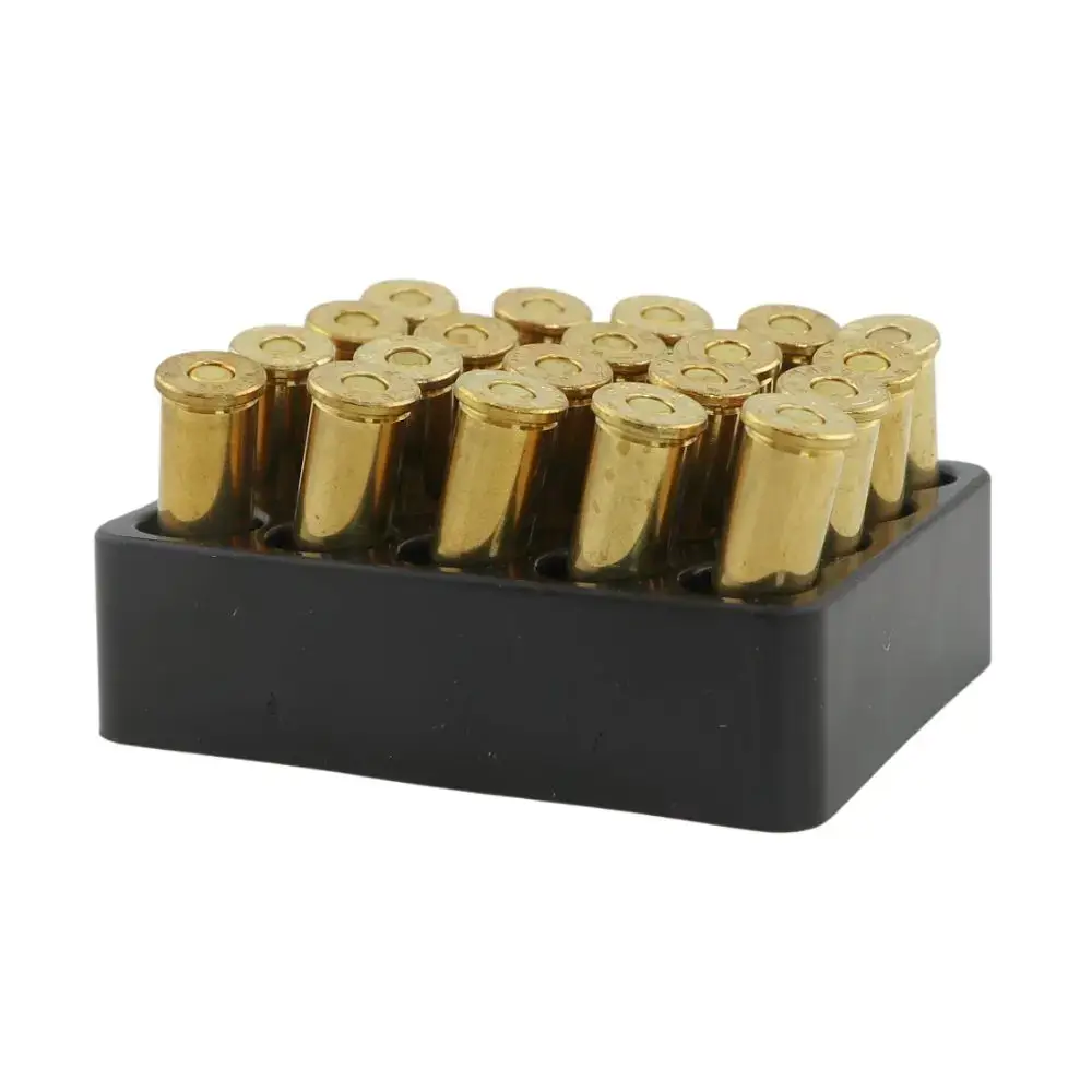 Row of brass ammunition cartridges in a black plastic ammo rack.