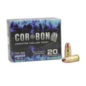 Box of COR-BON jacketed hollow point ammunition, 20 cartridges, with two bullets beside it.