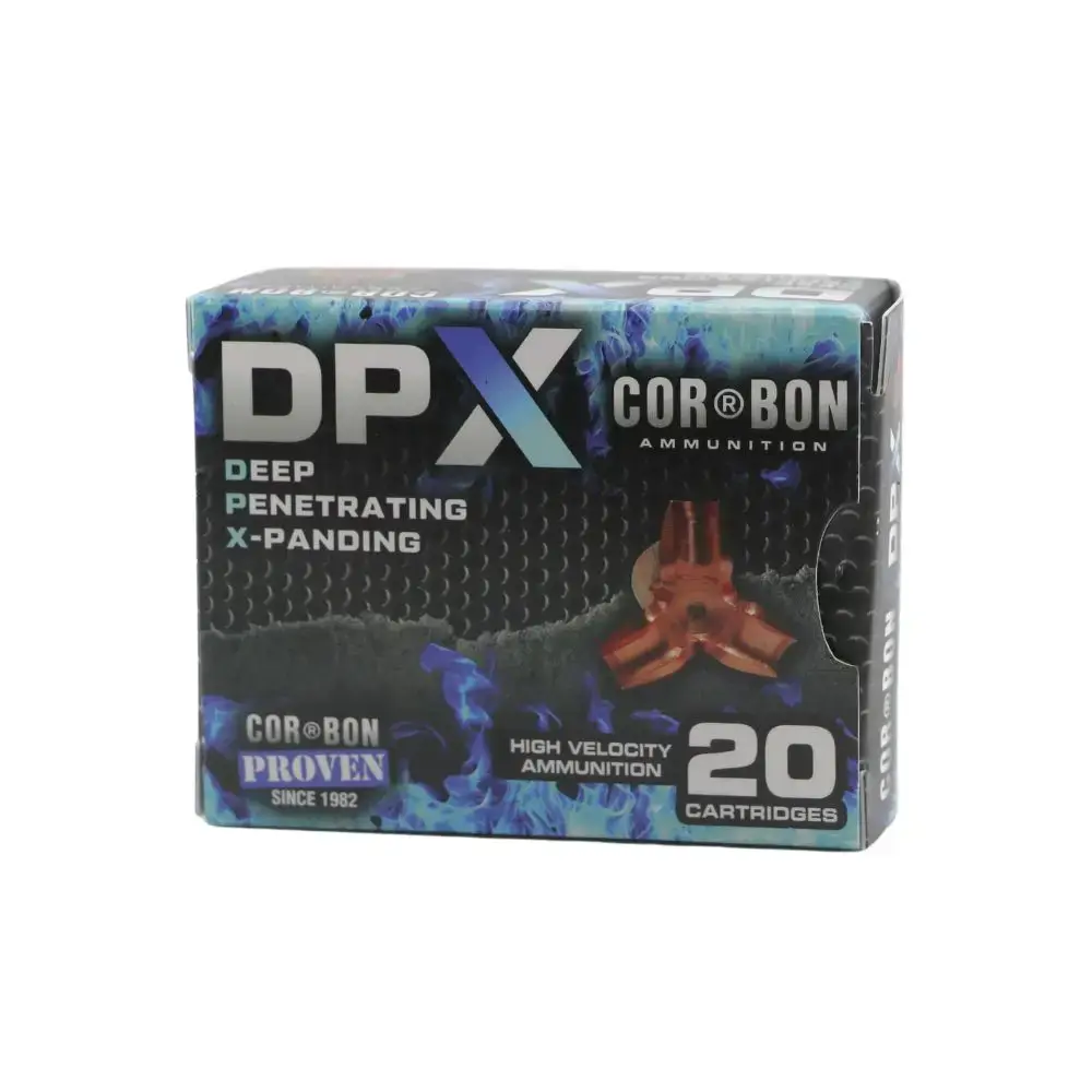 Box of CorBon DPX ammunition, 20 high-velocity cartridges, labeled Deep Penetrating X-Panding (X-Pand); orange cross-type projectile image on front.