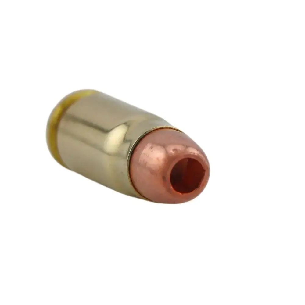 Metal cylindrical component with brass body and copper-colored tip, hollow opening at the front