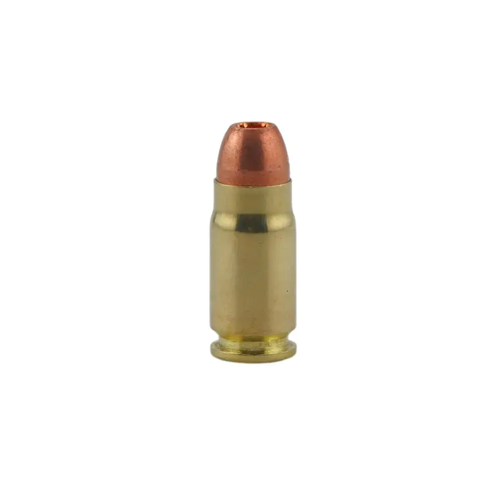 Single brass firearm cartridge with a copper bullet, centered on a white background