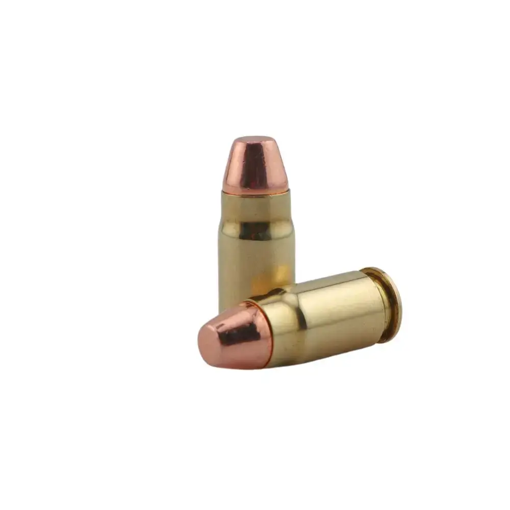 Two brass handgun bullets with copper tips, positioned upright and horizontal against a white background